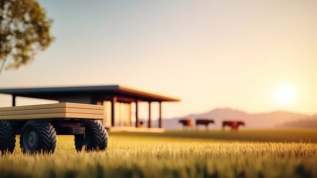 A serene sunset view of a farm with a wooden cart in the foreground and cows grazing nearby photo