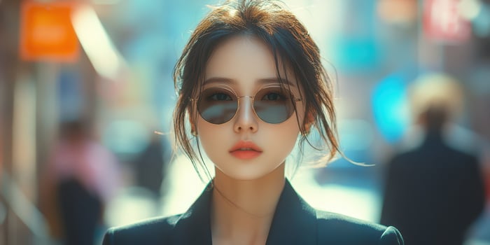Young woman wearing sunglasses walks confidently down a busy street in a modern city during the afternoon photo