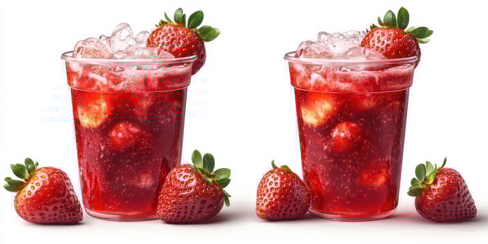 Refreshing strawberry beverages displayed with fresh strawberries on a white background for summer enjoyment photo