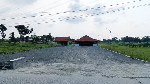 2 simple houses surrounded by green rice fields and a large yard. photo