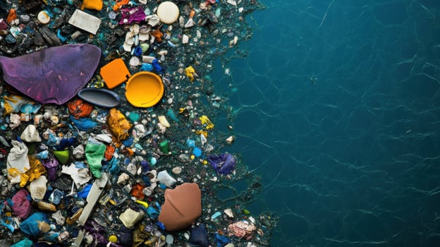 massive garbage patch floating in ocean, showcasing plastic waste and debris photo