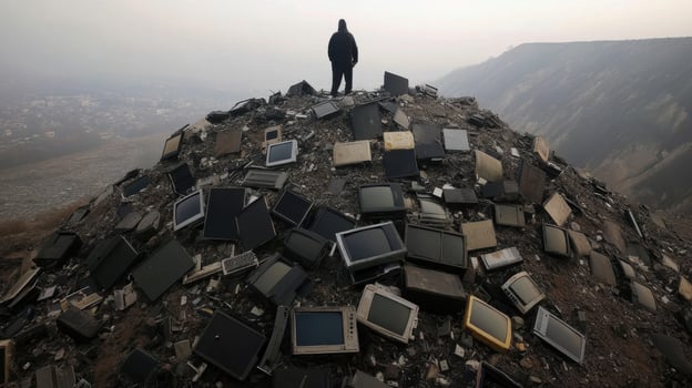 A man standing on top of a pile of old computers photo