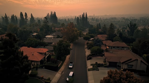 Aerial view of neighborhood shrouded in smoke and haze, creating somber atmosphere photo