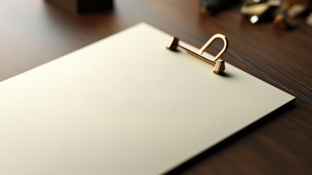 A clipboard with a pen and paper on a wooden table photo