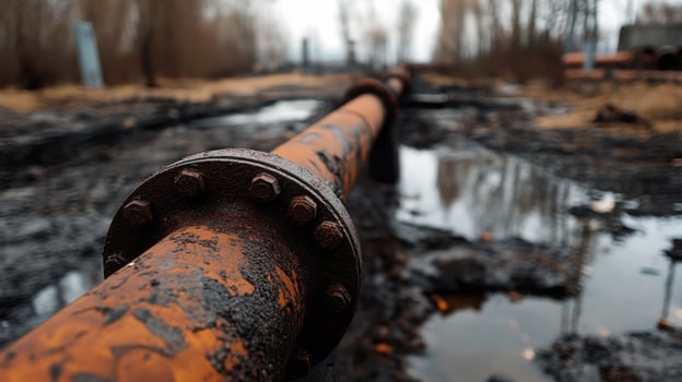 rusted pipeline in polluted industrial zone with stagnant water photo