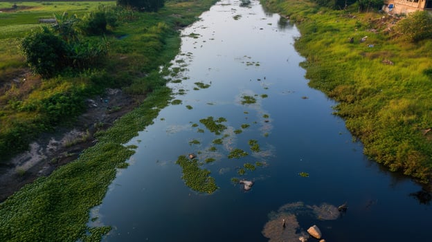 polluted river with vanishing aquatic life and surrounding greenery photo