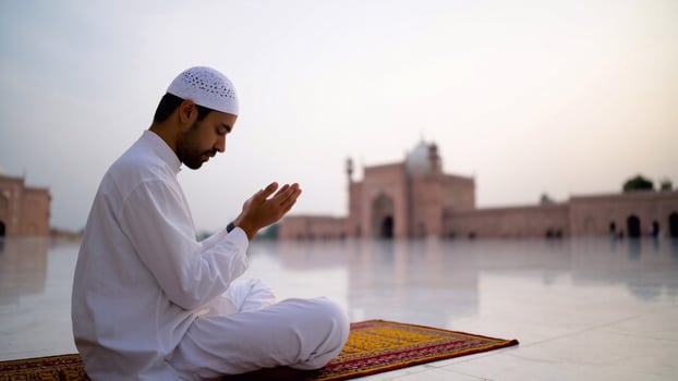 A Muslim man is deeply engrossed in prayer at the magnificent Badshahi Mosque, finding peace and solace. photo