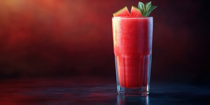 Refreshing watermelon smoothie served in a tall glass with mint leaves on top, perfect for hot summer days photo