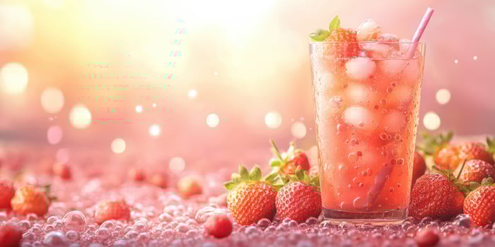 Refreshing strawberry drink garnished with mint leaves and ice during a sunny afternoon photo