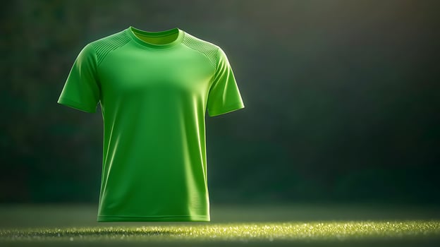 A vibrant green sports shirt displayed on a grassy field, illuminated by soft sunlight photo