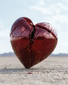 A cracked, red, heart on a concrete surface photo