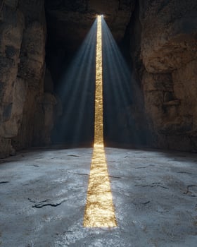 Sunlight streams into a cave, illuminating the stone floor photo
