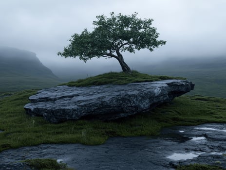 A lone tree grows on a rock in a misty landscape photo