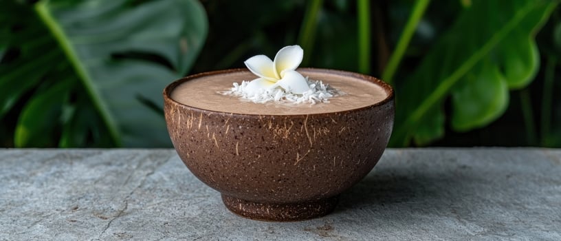 A tropical smoothie bowl in a coconut shell with a flower garnish photo