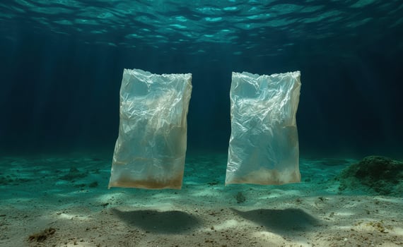 Plastic bags floating in the ocean, polluting the environment photo