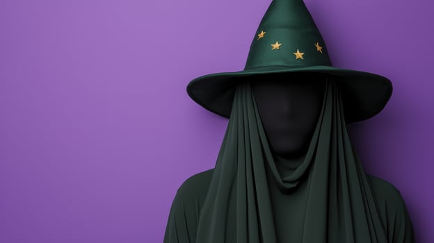 A mysterious figure in a witchs hat on a purple background photo