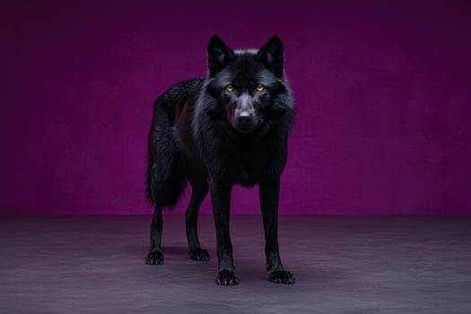 A majestic black wolf stands against a purple backdrop photo