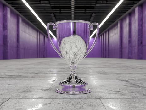 A trophy sits in a purple hallway photo