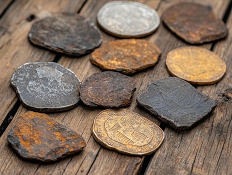 Collection of old coins on a wooden surface photo