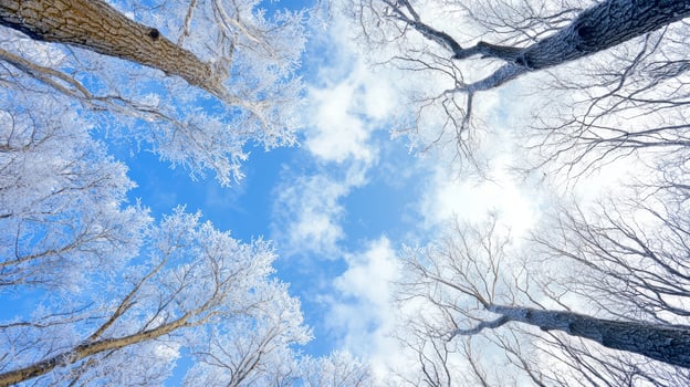 Looking up at snow covered trees against a blue sky photo