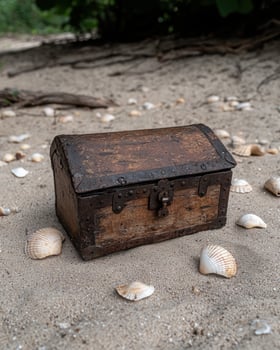 A weathered treasure chest sits on a sandy beach surrounded by seashells photo