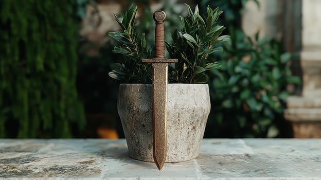 An ornate sword stands upright in a plant pot photo