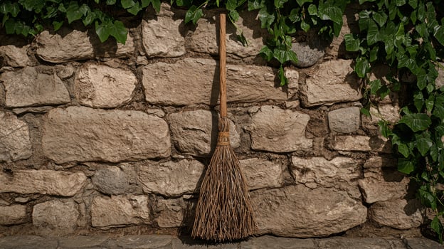 A broom leaning against a stone wall with ivy photo
