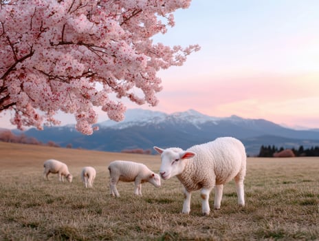 Sheep graze in a field under a blossoming tree with mountains in the background photo