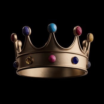 A golden crown with colorful gems on a black background photo