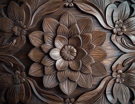 Detailed wood carving of flowers and leaves photo