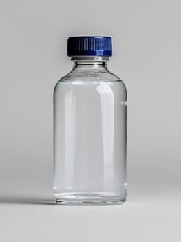 A clear liquid in a glass bottle with a blue cap photo