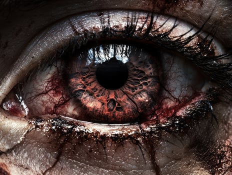 A close up of a bloodshot eye with a dark, textured iris photo