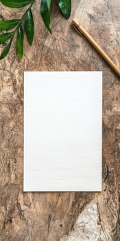 Blank white paper with pen and plant on marble background photo