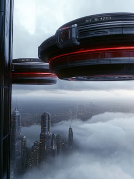 Futuristic city skyline with flying saucers above the clouds photo