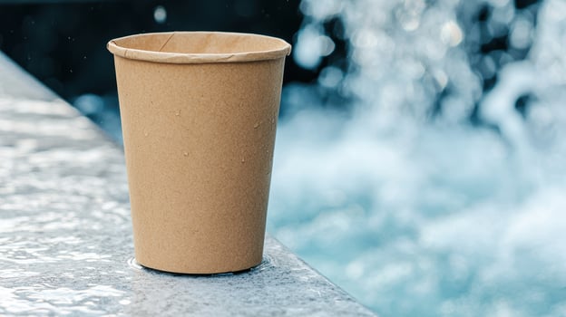 A paper cup sits on a ledge next to a fountain photo