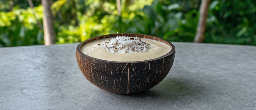 A coconut bowl filled with a smoothie and topped with coconut flakes photo