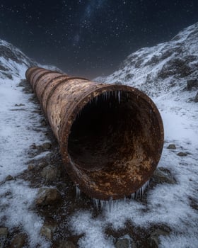 A large rusty pipe lies in a snowy mountain landscape under a starry sky photo