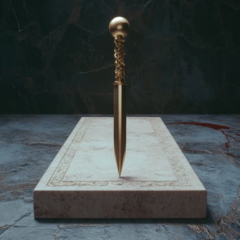 Golden dagger stuck in a stone altar with blood stains photo