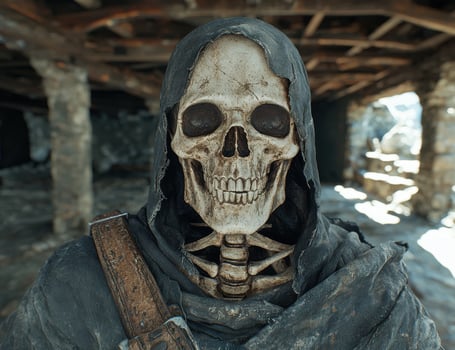 Grim reaper skeleton wearing a hood in a spooky setting photo