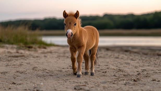 A miniature horse foal standing on a sandy beach photo