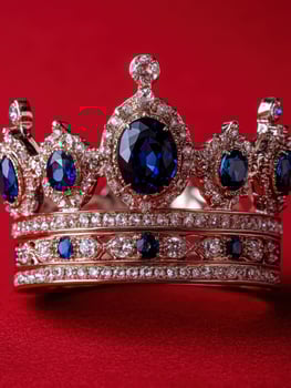 Elegant gold crown with blue and white gemstones on a red background photo