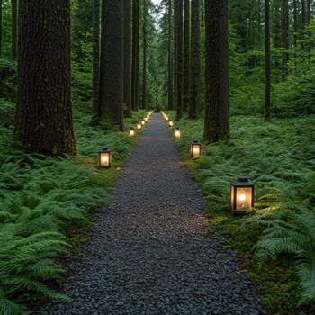 Illuminated pathway through a lush forest at twilight photo