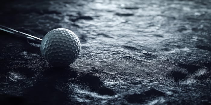 Close-up of a golf ball resting on a textured surface with a golf club nearby during early morning light photo