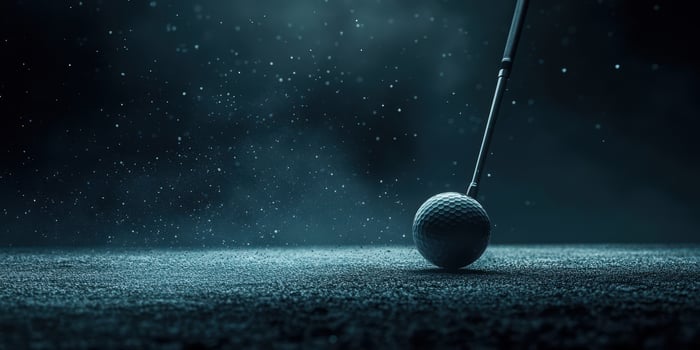 Focus on a golf ball being struck by a club in a dramatic and captivating setting at twilight photo