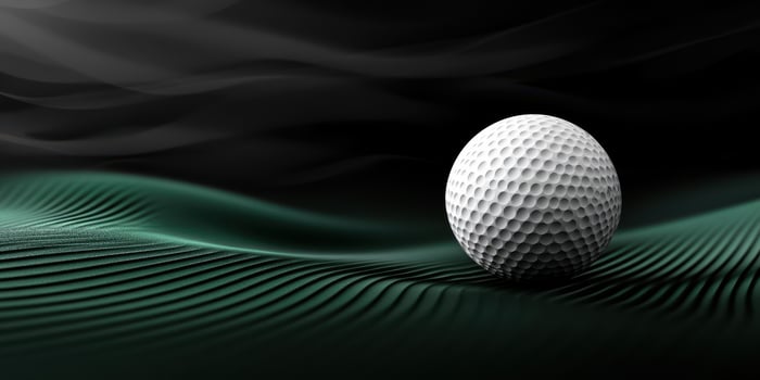 Golf ball resting on textured green surface with dramatic black background creating a striking contrast during twilight hours photo