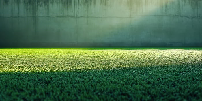Lush green grass illuminated by soft sunlight in an urban setting with a textured wall backdrop photo