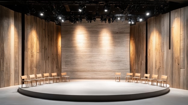 circular stage with wooden walls and chairs, ready for performance photo