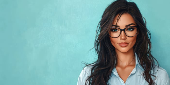 Professional woman with long hair and glasses poses against a turquoise background in a casual yet polished outfit photo