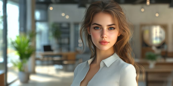 Young woman with long hair smiles warmly in a bright, modern interior during the daytime photo