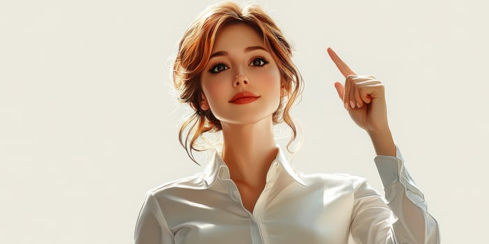 Young woman in a white shirt standing against a light backdrop, pointing finger upward and conveying an idea photo